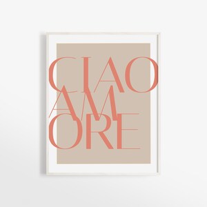 May include: A framed print with the text "CIAO AMORE" in a coral pink color on a light brown background.
