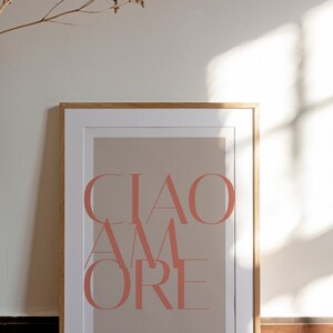 May include: A framed print with a beige background and the text "CIAO AMORE" in a coral pink color.
