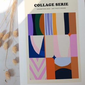 Op de afbeelding: Een kunstafdruk getiteld "COLLAGE SERIE" met de tekst "EXHIBITION 2022 - ART PIECE N&deg;6290". Het kunstwerk toont geometrische vormen in tinten paars, oranje, blauw, roze en beige. De afdruk is op wit papier.