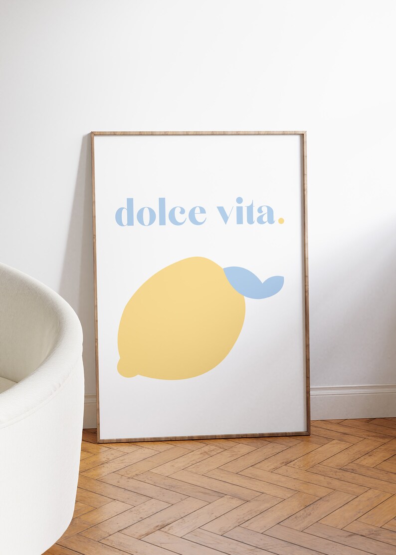 Cartel de impresión de arte Dolce Vita / Arte de pared / Ilustración minimalista / Impresión de limón azul cielo / Colores pastel / Home Deco / Arte de limón / Italia imagen 5