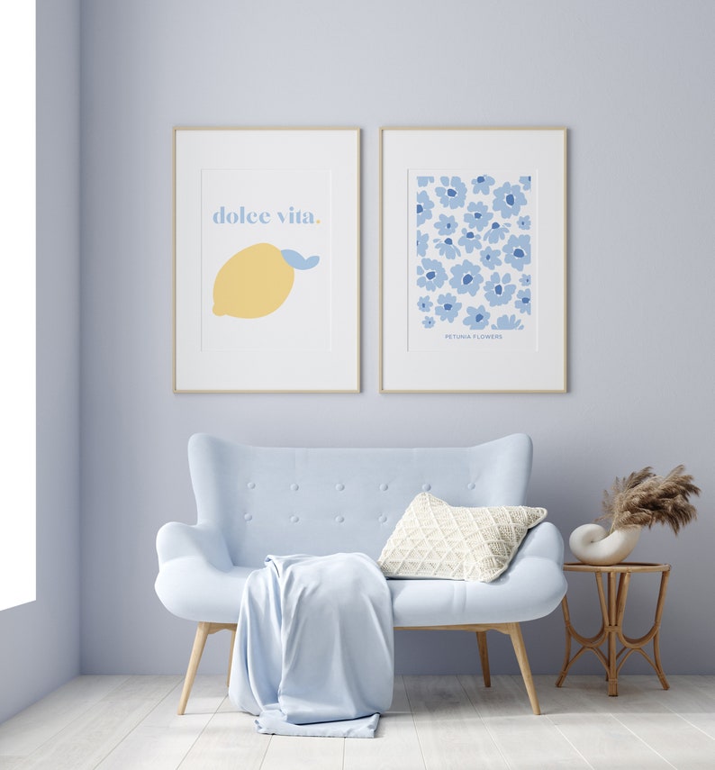 Cartel de impresión de arte Dolce Vita / Arte de pared / Ilustración minimalista / Impresión de limón azul cielo / Colores pastel / Home Deco / Arte de limón / Italia imagen 2