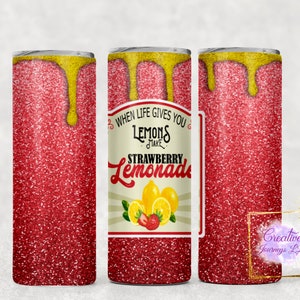 Strawberry Lemonade Tumbler PNG wrap, 20oz Skinny Tumbler Sublimation, Faux Glitter Drip Wrap, Downloads PNG.