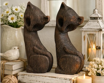 Vintage Witco‑Style Carved Wood Tiki Cat Sculptures – Pair – 15" Tall