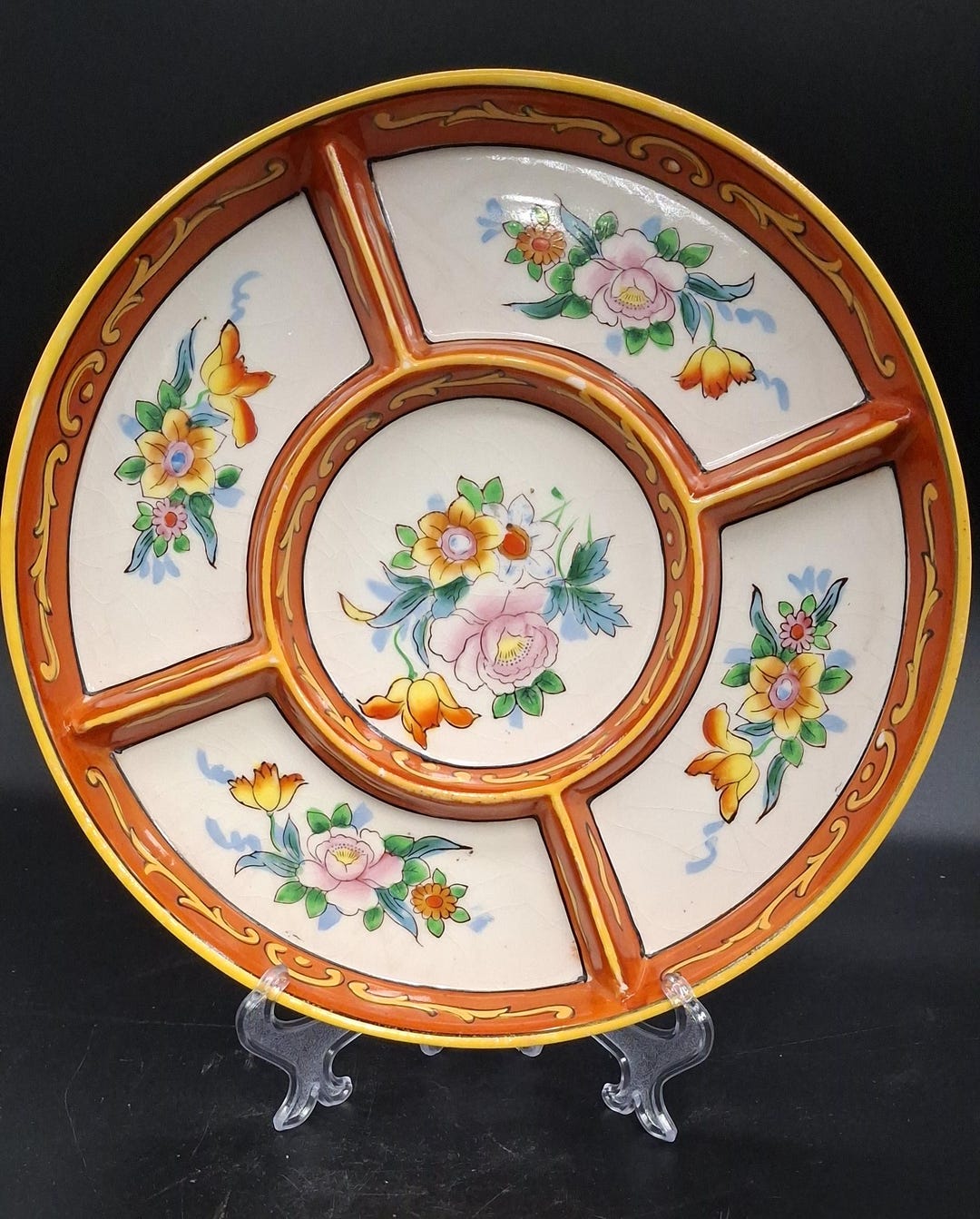 Vintage Moriyama Mori‑machi Hand‑painted Floral Divided Serving