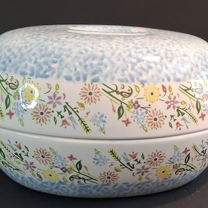 Könnte beinhalten: Eine weiße, mit einem blauen und weißen Tupfenmuster glasierte, gedeckte Auflaufform. Die Form hat einen floralen Rand in den Farben Rosa, Gelb, Grün und Blau.