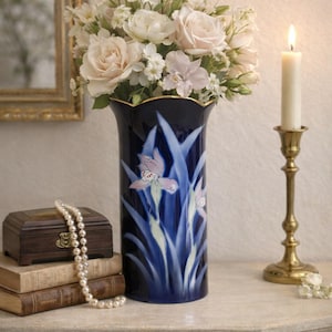 Cobalt Blue Iris Vase | Hand‑Painted Japanese Ceramic Floral Art Pottery