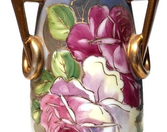 Antique Japanese Nippon Hand Painted with Gold Gilt Trim Vase-8-1/2&quot;