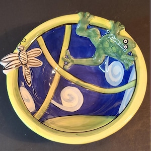 Nicole Engblom Frog and Dragonfly Colorful Bowl - Signed