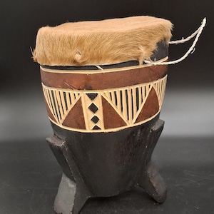 Hand Carved Wooden Drum with Fur Hide Top • Tribal Geometric Folk Art Accent (8" x 6")