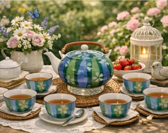 May include: A ceramic tea set featuring a teapot and five matching cups with a blue and green vertical striped pattern and white floral accents. The teapot has a woven handle and a lid. Each cup is filled with tea and sits on a small saucer.