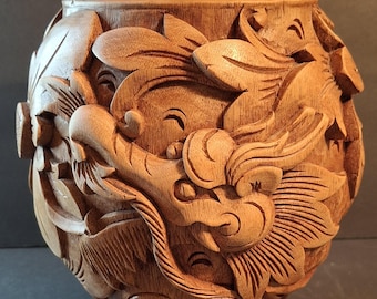 Mahogany Wood Hand Carved Dragon Vase Made in Bali