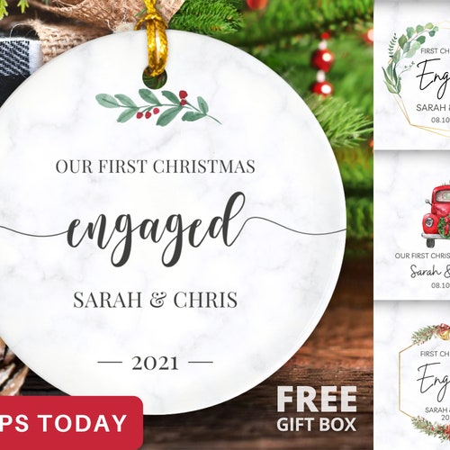 Our First Engaged Christmas Tree Ornament 2021 Engaged Christmas Ornament 2021 Xmas Engagement Gifts for Couples Newly Engaged with Gift Box