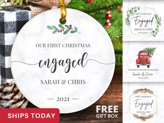 First Christmas Engaged Watercolor Flowers Personalized Engagement Christmas Tree Ornament Personalized Engaged Christmas Ornament
