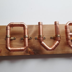 Copper Pipe  Love Sign with Wood Plaque. Handmade in Devon