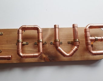 Copper Pipe  Love Sign with Wood Plaque. Handmade in Devon