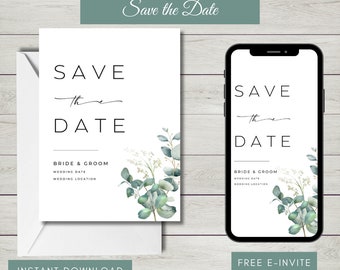 Eucalyptus Save the Date || Wedding invite || Elegant design || Free E-Invite and customisation included || Instant download and printable