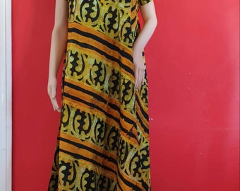 Tie and Dye Maxi Dress| Summer Dress| 100% Cotton| Gye Nyame Yellow|Black Tie And Dye| For All Occasions| sizes |16|14|Round Neck| Colourful