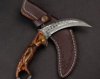 Custom handmade Damascus Steel Karambit knife with leather sheath