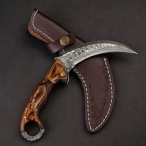 Custom handmade Damascus Steel Karambit knife with leather sheath
