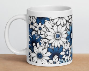 Blue Florals Ceramic Mug Coffee Mug Flowers Mug with Beautiful Floral Design in Blue and White. Tea Mug Pottery Mug.