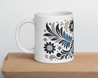 Floral Ceramic Mug Coffee Mug Flower Mug. Folk Art Style Mug with Beautiful Floral Design. Tea Mug Pottery Mug.