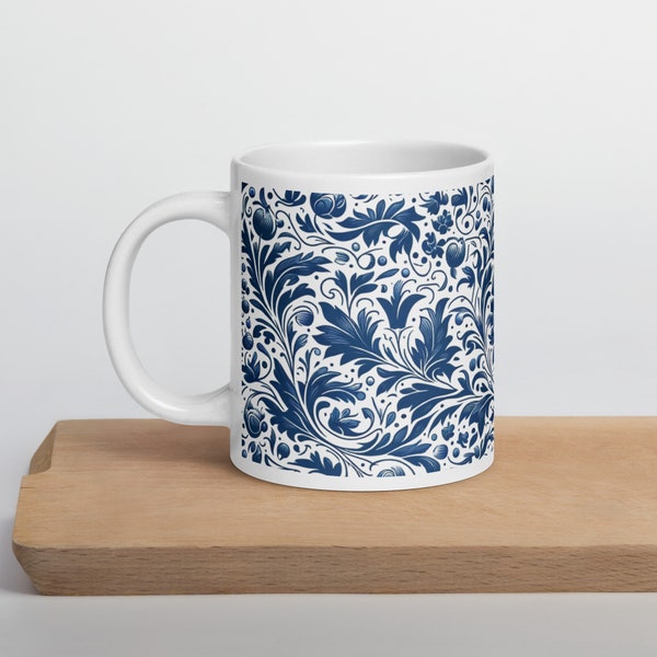 Floral Ceramic Mug Coffee Mug Flower Mug. Botanical Mug with Beautiful Delftware Design. Tea Mug Pottery Mug.