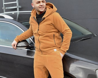 Men's Tracksuit, Camel Zipper Hoodie and Joggers, Made of Polar Fleece, Zip-Up Hoodies, Camel Hoodie and Black Pants, Other Colors Available