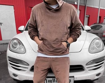 Luxury and Comfort Combined: Men&#39;s Chocolate Velour Tracksuit, Perfect for Home, Walks & Loungewear. Gift Yourself or Someone Special!