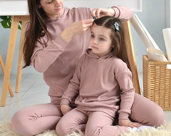 Mommy and Daughter Matching Family Look Ribbed Tracksuit: Hooded Jumper And Legging Set, Stretchy Fabric, Gift for Mother & Me