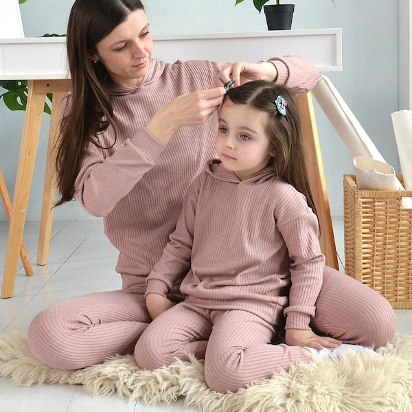 Mommy and Daughter Matching Family Look Ribbed Tracksuit: Hooded Jumper And Legging Set, Stretchy Fabric, Gift for Mother & Me