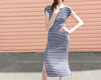 Striped Midi Dress Dress In Dark Blue And White Stripes, Cotton Dress For Women, Striped Ribbed Sleeveless Midi Dress