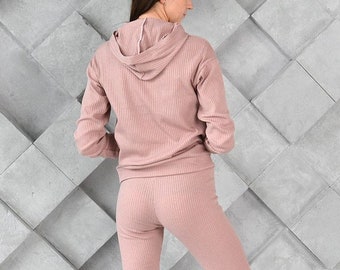 SET For Women, Ribbed Jersey Stretch Tracksuit, Hooded Jumper and Legging, 2-Piece Tracksuit Rib Stretch Jersey Fabric for Women