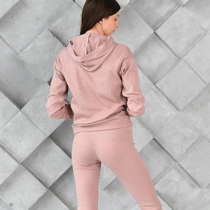 SET voor dames, geribbeld trainingspak van jersey met stretch, trui en legging met capuchon, 2-delig trainingspak geribbelde jersey met stretch voor dames