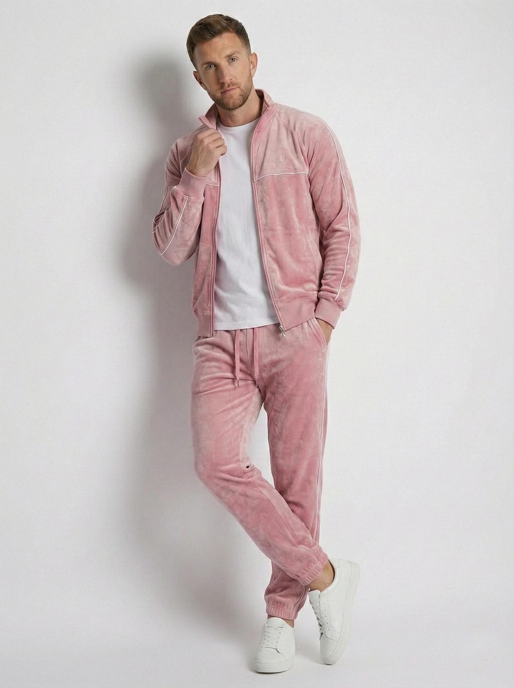 Dusty Pink Mens Velour Tracksuit Bold Y2K Velvet Lounge Set Queer Fashion Sweatsuit Gay Mens Festival Outfit Gift for Him ZMwear