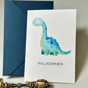 Karte zur Geburt Dino mit Name - personalisiert - in DinA5 oder DinA6 - Name auf Wunsch veredelbar in Gold, Roségold, Silber