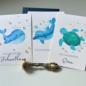 Karte zur Geburt in 3D Wasserbläschen - Schildkröte, Wal, Delphin - DinA5 oder DinA6 - Name veredelbar in Gold, Roségold, Silber