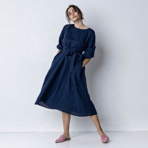 Navy blue linen dress, Summer linen dress, Simple linen dress, Long wide linen dress, Loose fit women linen belted dress, Linen clothing