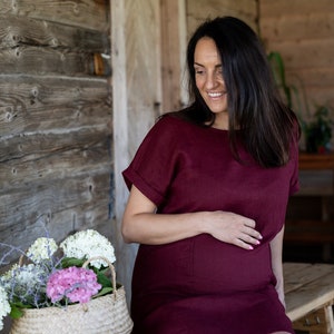Line mom dress, Maternity linen clothing, Rustic flax dress, Shirt sleeve summer dresses, Pregnancy robe, Women linen apparel