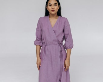 Organic linen women dress, Balloon sleeve midi romantic belted dress, Wrap up purple dress, Wedding guest dress, Minimalist linen clothing