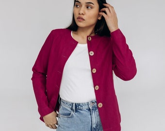 Modern classic 100% heavy linen buttoned blazer jacket with pockets in bright pink, Women linen office clothing, Unlined fitted linen blazer