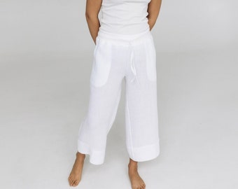 White Linen Palazzo Pants: Elastic Waist Wide Leg Summer Trousers