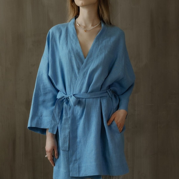 Blue linen kimono femme bathrobe, Women linen kimono robe, Kimono dressing gown, Ladies minimalist night linen gown, Plus size loungewear