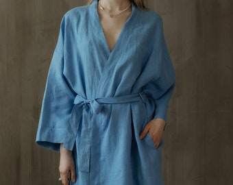 Blue linen kimono femme bathrobe, Women linen kimono robe, Kimono dressing gown, Ladies minimalist night linen gown, Plus size loungewear