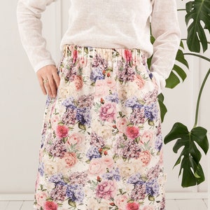 Jupe maxi vintage prête à porter, Jupe en lin boho florale, Jupe dété imprimée longue, Jupe colorée femme taille PEONY S /M image 2