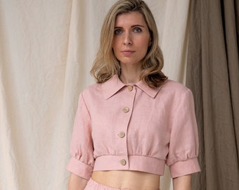 Leinen crop top, Linen cropped top, Balloon sleeves crop top, Woman buttoned short top, Romantic linen puffy sleeves blouse