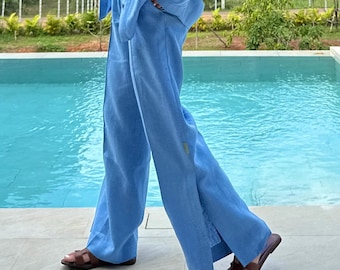 Blue Linen Palazzo Pants: Wide Leg Summer Trousers with Splits