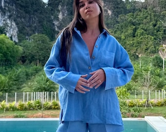 Blue Linen Shorts Set: Women's Lightweight Summer Outfit