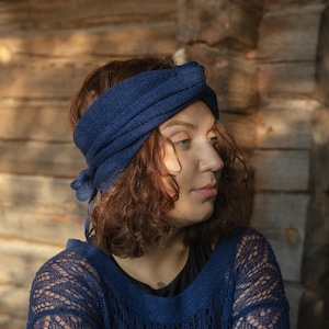 Vintage hand knit eco linen yarns scarf, Blue women head scarf accessory, Cosy big knitted summer scarf, Elegant romantic linen knit shawl