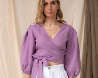 Lavender linen wrap top, Balloon sleeves wrap crop top, Long sleeve woman crop top blouse, Puff sleeves elegant linen blouse with tie
