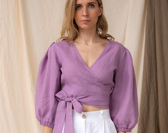 Lavendel Leinen Wrap Top: Ballon-Ärmel, elegante Bluse